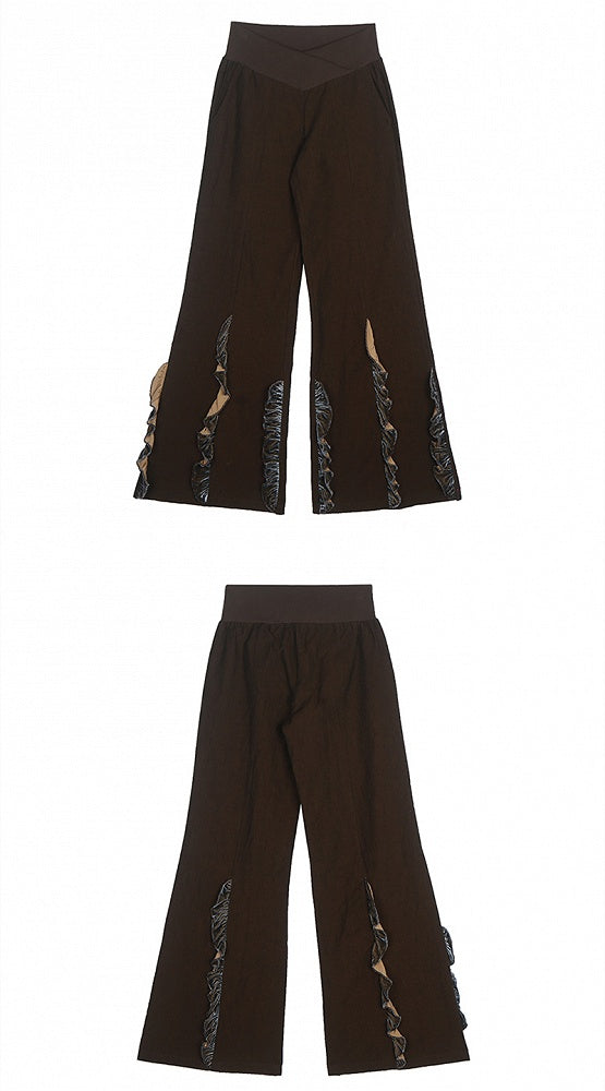 Dark Brown Cross-over Waistband Wide Leg Pants Ruffles Hem