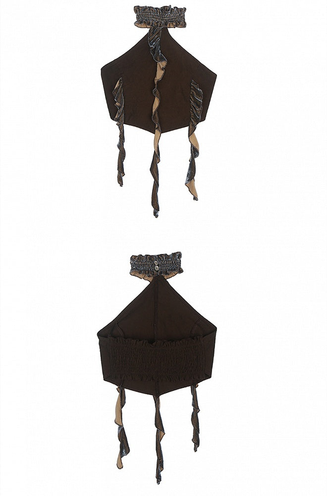 Coffee Ruffled Cropped Halter Top with Fringe