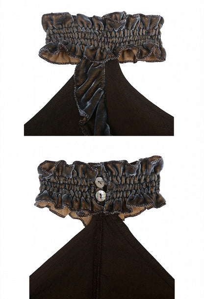 Coffee Ruffled Cropped Halter Top with Fringe