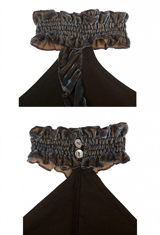 Coffee Ruffled Cropped Halter Top with Fringe