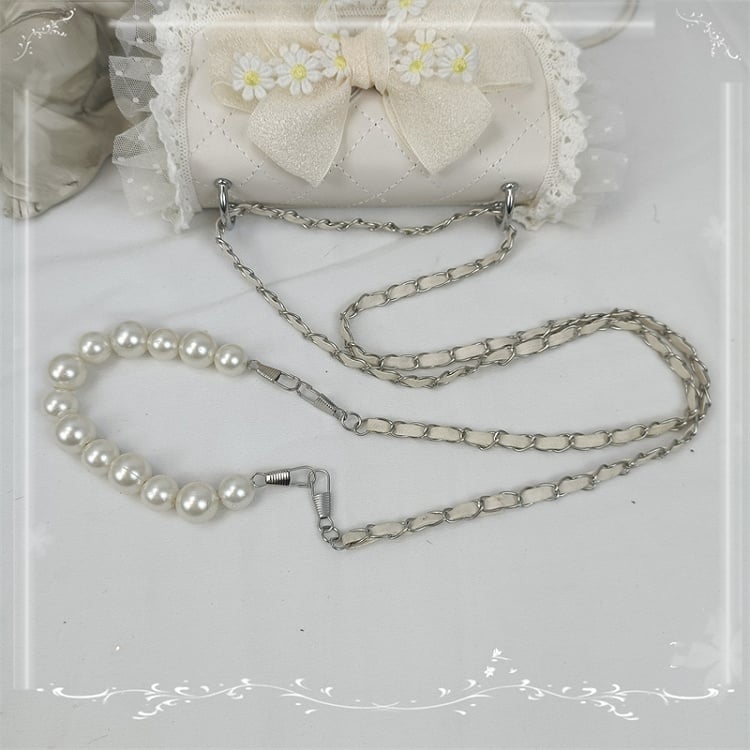 Lace Trim Floral Design Bow White / Beige Shoulder Bag