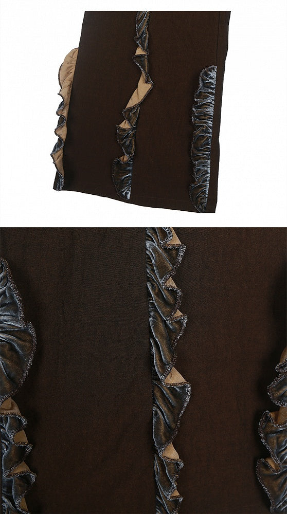 Dark Brown Cross-over Waistband Wide Leg Pants Ruffles Hem