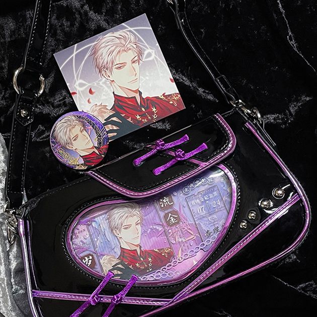 Heart Window Black and Purple Ita Shoulder Bag Knot Buttons Design