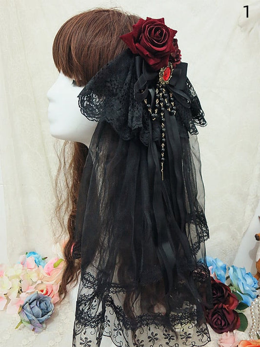 Clearance-Black and Red Bead Chain Decorated Rose Floral Veil