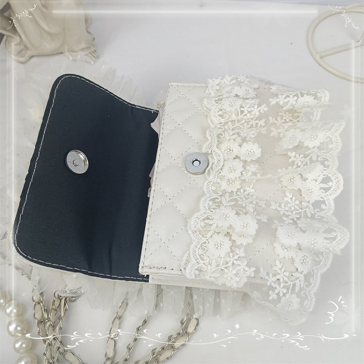 Lace Trim Floral Design Bow White / Beige Shoulder Bag