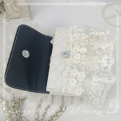 Lace Trim Floral Design Bow White / Beige Shoulder Bag