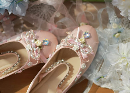 Clearance-Size 43 Roses Design Satin Pink Ballerina Flats with Butterflies Ribbons