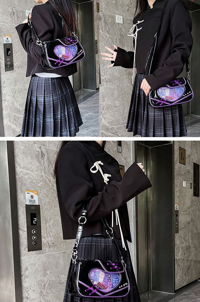 Heart Window Black and Purple Ita Shoulder Bag Knot Buttons Design