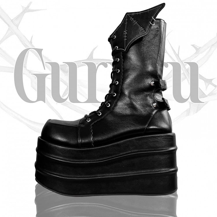 Black Bat Wings Design Lace-up Strap Platform Boots Martens