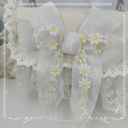 Lace Trim Floral Design Bow White / Beige Shoulder Bag