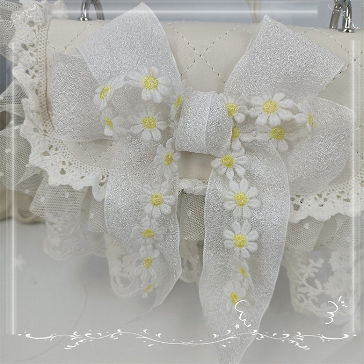 Lace Trim Floral Design Bow White / Beige Shoulder Bag