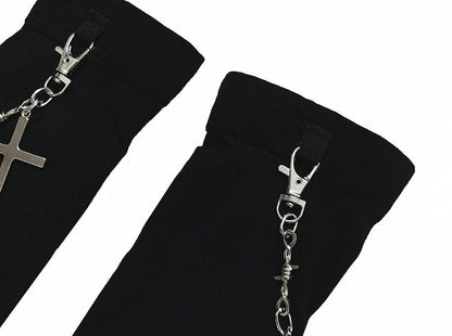 Cross Chain Decorated Black Under Knee Stockings