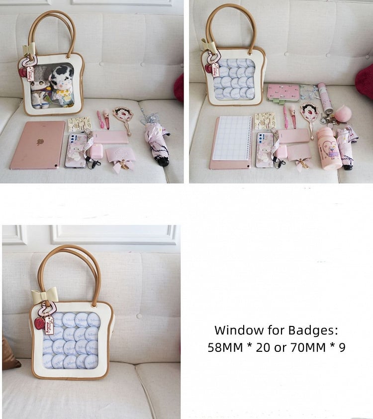 Pink Toast-shaped Ita Tote Bag with Bowknots