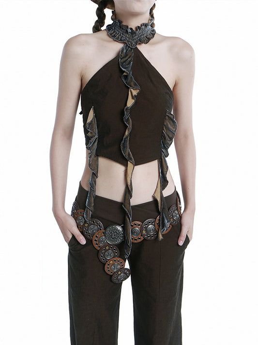 Coffee Ruffled Cropped Halter Top with Fringe