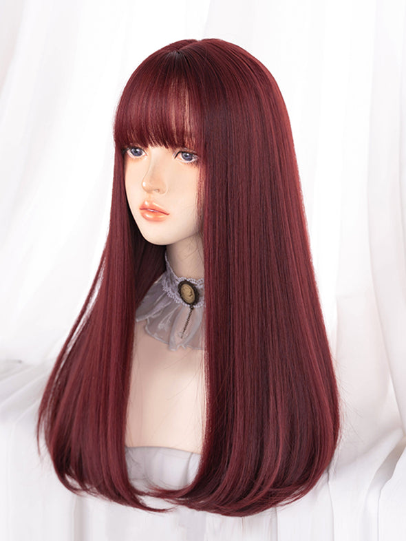 Clearance-Rose Red Long Straight Synthetic Wig