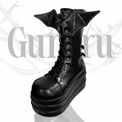 Black Bat Wings Design Lace-up Strap Platform Boots Martens