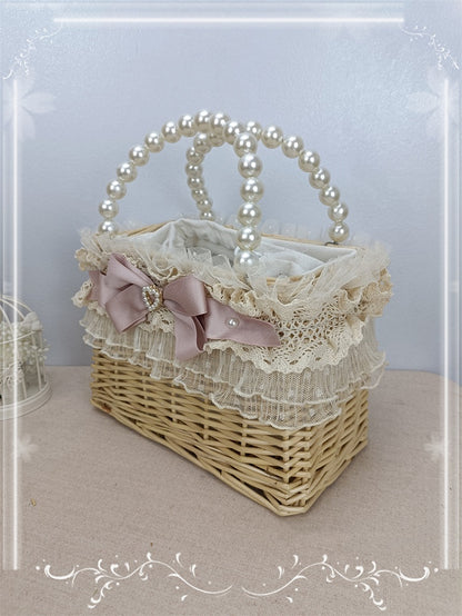 Pink/Green Bow Lace Trim Woven Basket with Beads Handle