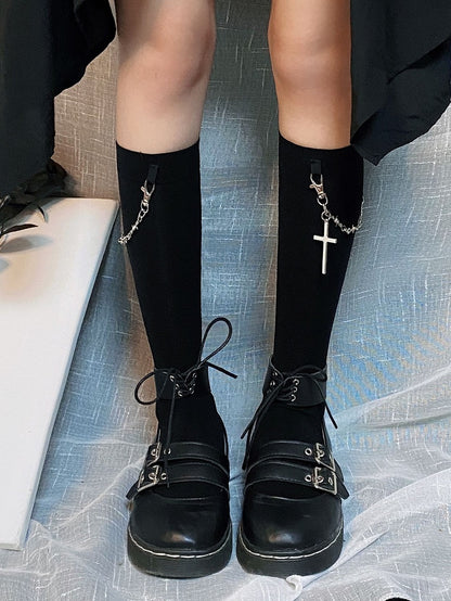 Cross Chain Decorated Black Under Knee Stockings