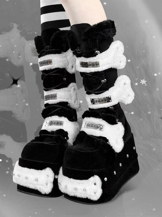 Black Velvet Platform Boots with Cute White Plush Bones Y2K Shoes