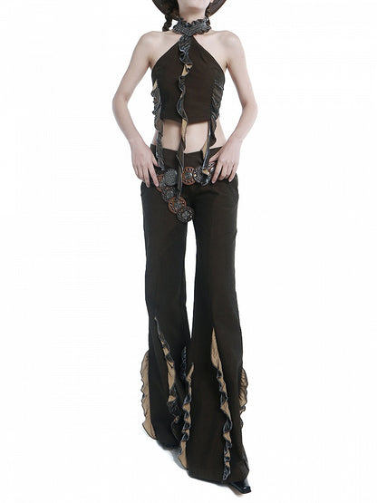 Dark Brown Cross-over Waistband Wide Leg Pants Ruffles Hem