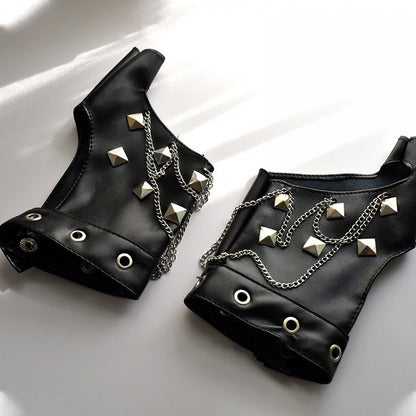 Studs and Chain Decorative Rock Black PU Gloves