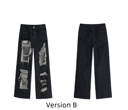 Distressed Holes Design Raw Fringes Black Jeans
