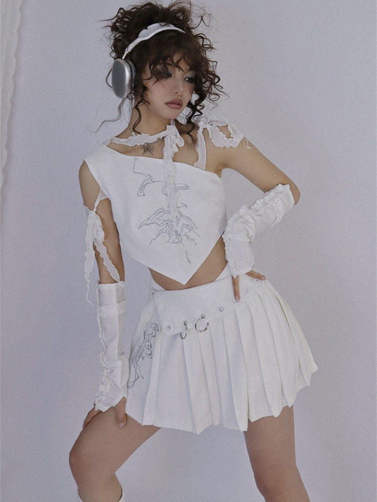 Butterfly Embroidery White Pleated Skirt