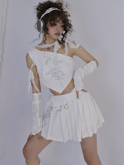 Butterfly Embroidery White Pleated Skirt