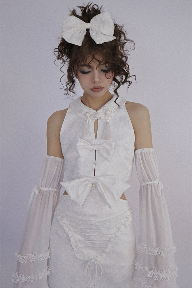 White Detachable Sleeveless Dress and Sleeves Set