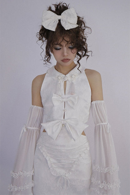 White Detachable Sleeveless Dress and Sleeves Set