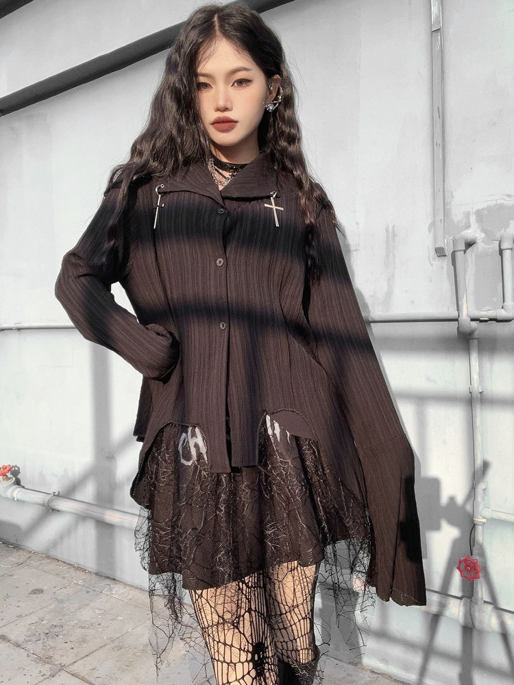 Cross Decorative Irregular Hem Punk Black Shirt