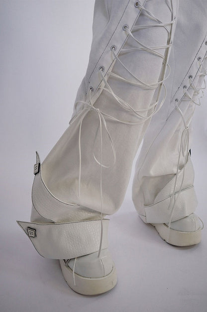 Lace-up Details White Denim Pants Double Waistband (Waistbelts Not Included)