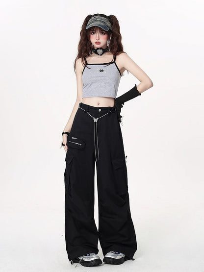 Black Techwear Wide-leg Cargo Pants with Butterfly Waist Chain