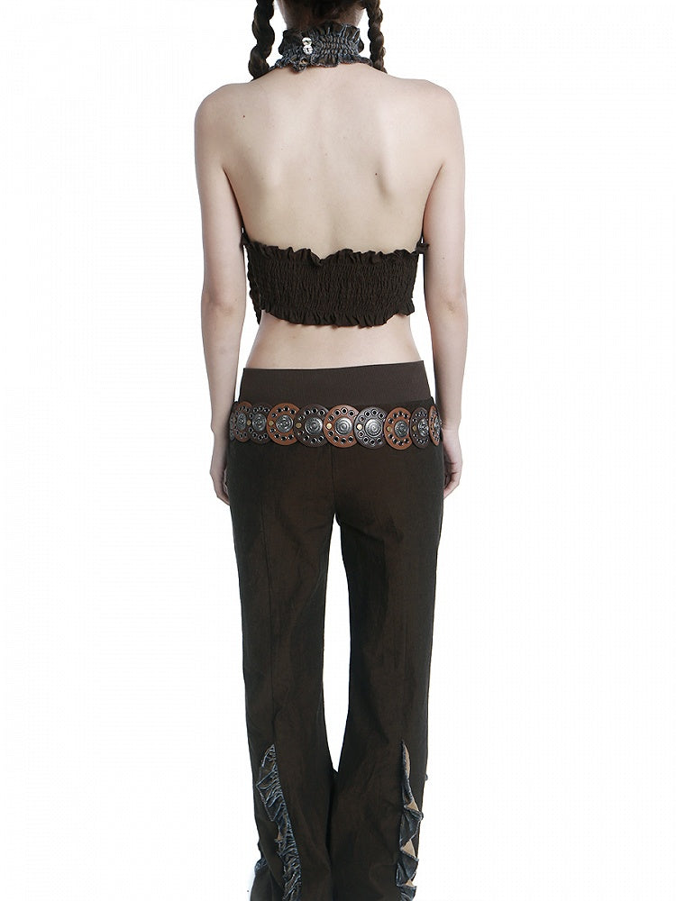 Coffee Ruffled Cropped Halter Top with Fringe