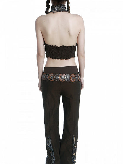 Coffee Ruffled Cropped Halter Top with Fringe