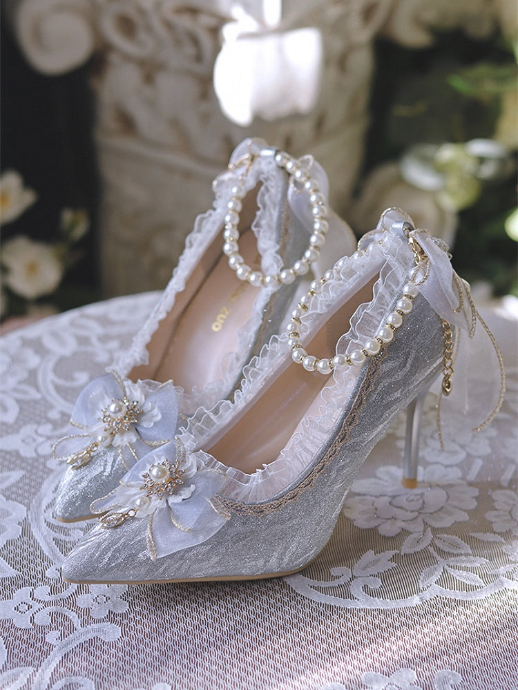 Beads Decorated Lace Trim Glittering Silver Grey 6CM/8CM High Heels