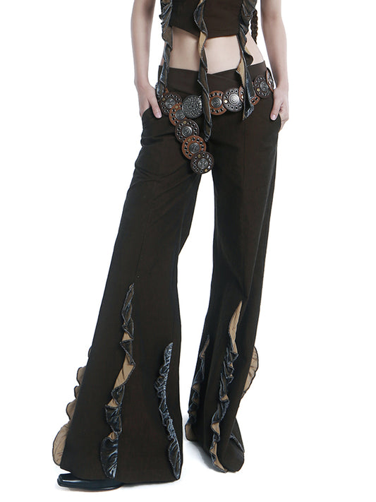 Dark Brown Cross-over Waistband Wide Leg Pants Ruffles Hem