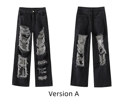 Distressed Holes Design Raw Fringes Black Jeans