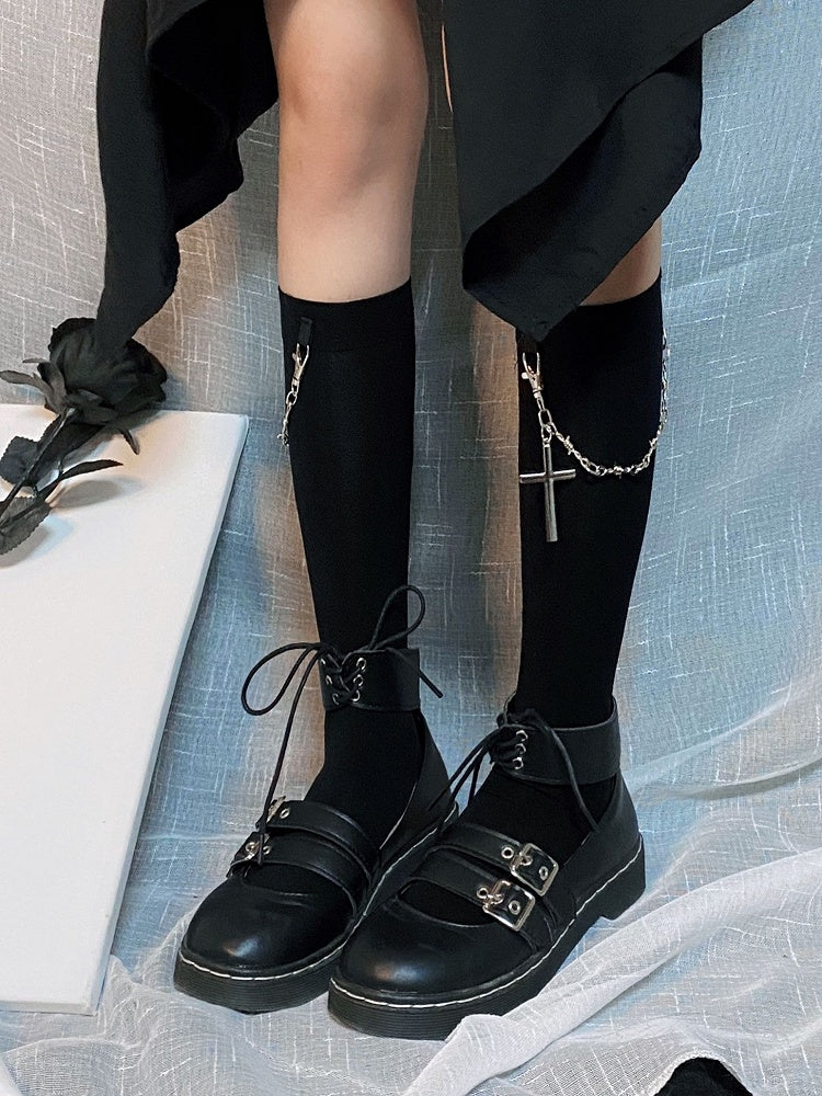 Cross Chain Decorated Black Under Knee Stockings