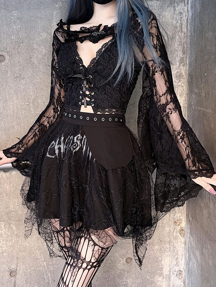 Black Lace Bell Sleeves Shrug and Cami Top Set