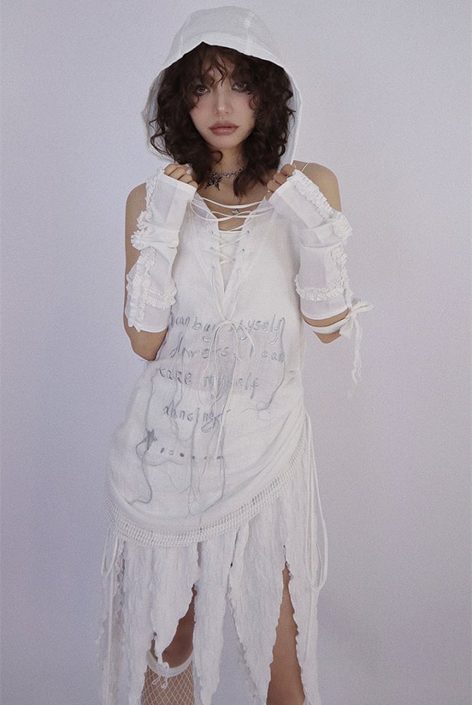 Dune Inspired White Hooded Long Vest Drawstring Hem