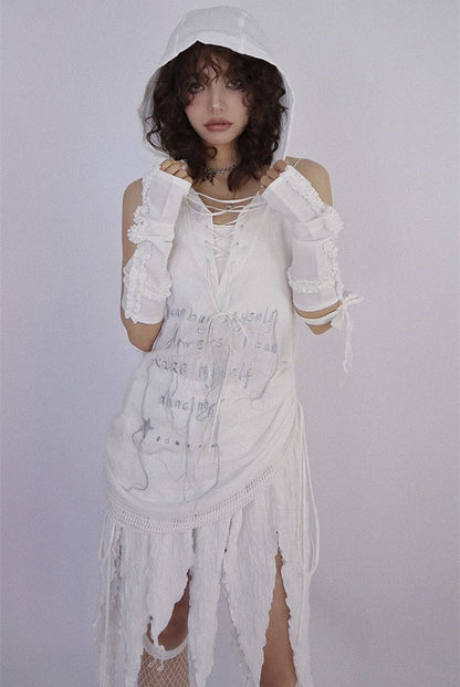 Dune Inspired White Hooded Long Vest Drawstring Hem