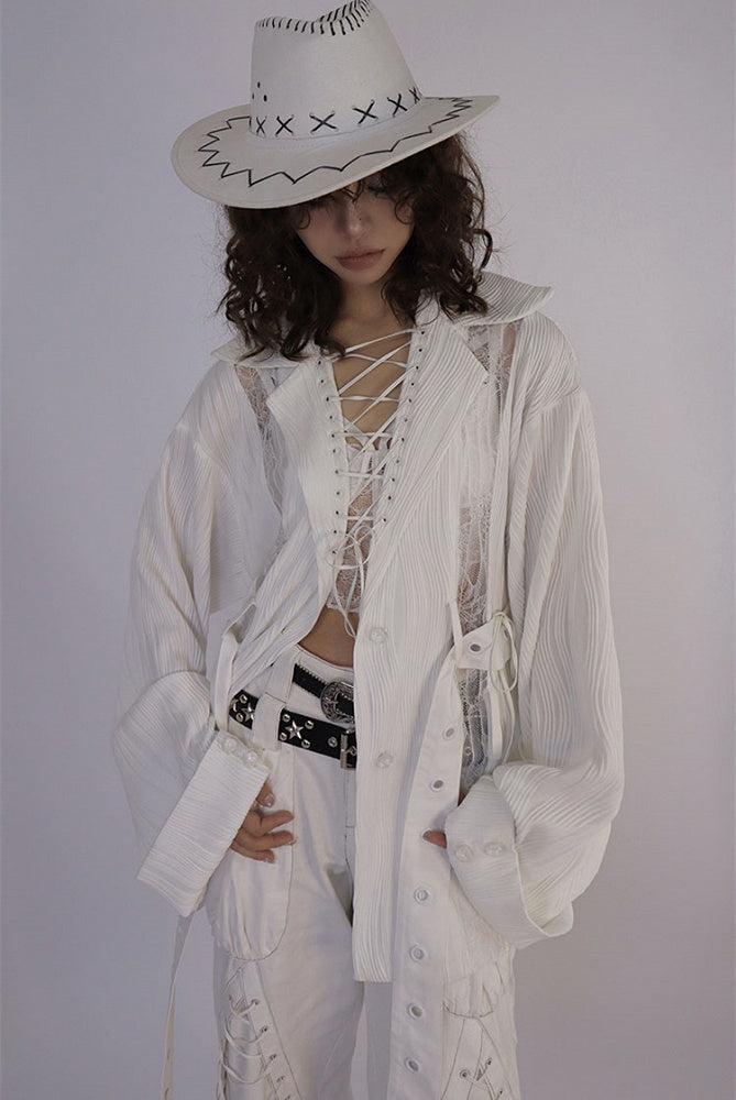 Lace-up Collar Wasteland Punk White Shirt with Waist Belt