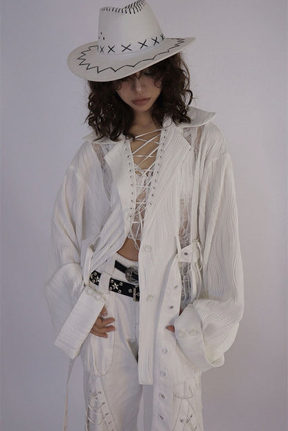 Lace-up Collar Wasteland Punk White Shirt with Waist Belt