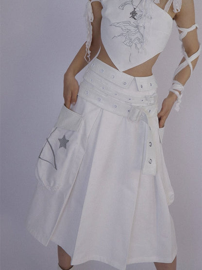 White Box Pleat Long Skirt Star Embroidery Pockets