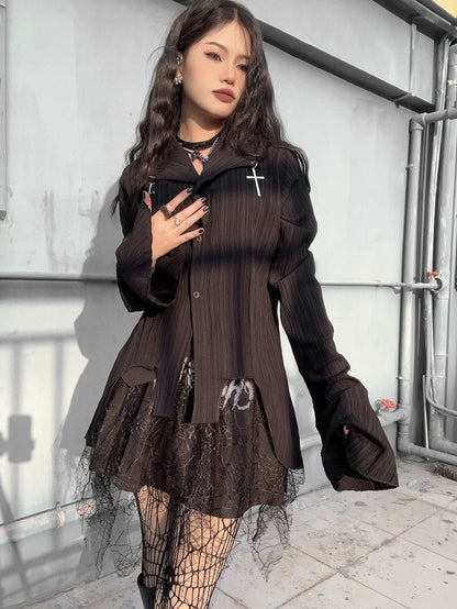 Cross Decorative Irregular Hem Punk Black Shirt