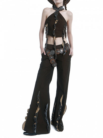 Coffee Ruffled Cropped Halter Top with Fringe