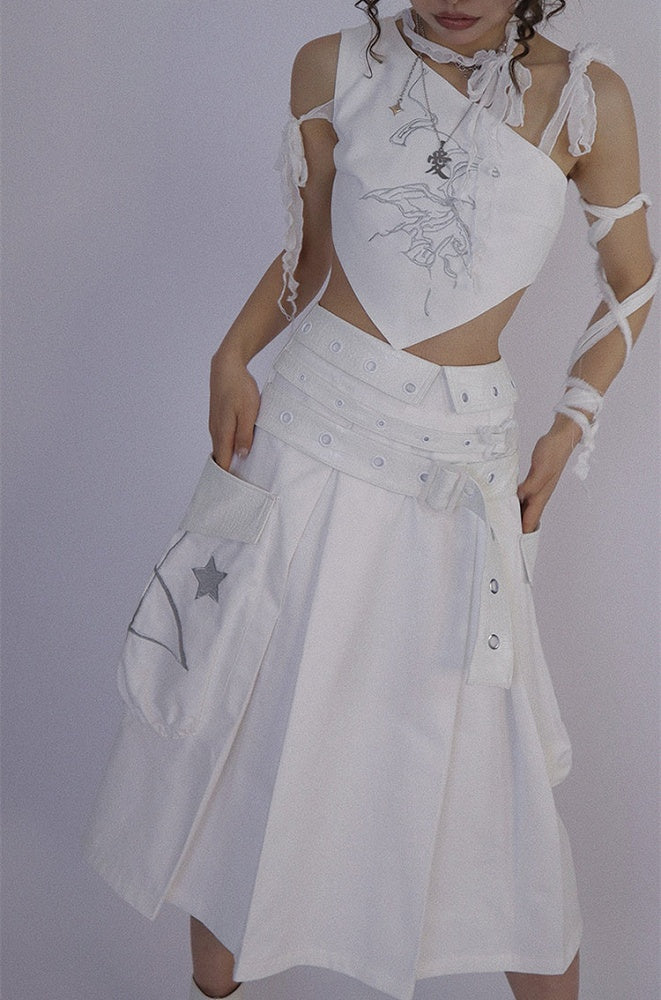 Butterfly Embroidery White Top Selt-tie Straps
