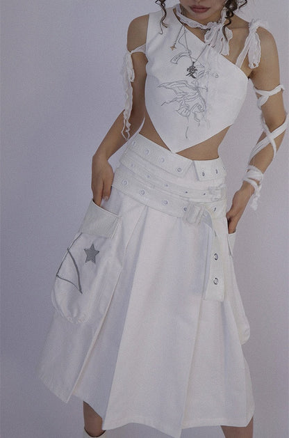 Butterfly Embroidery White Top Selt-tie Straps