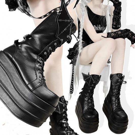 Black Bat Wings Design Lace-up Strap Platform Boots Martens